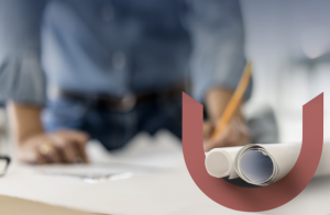 A curved red graphic holds architectural drawings. An architect at work in the background.