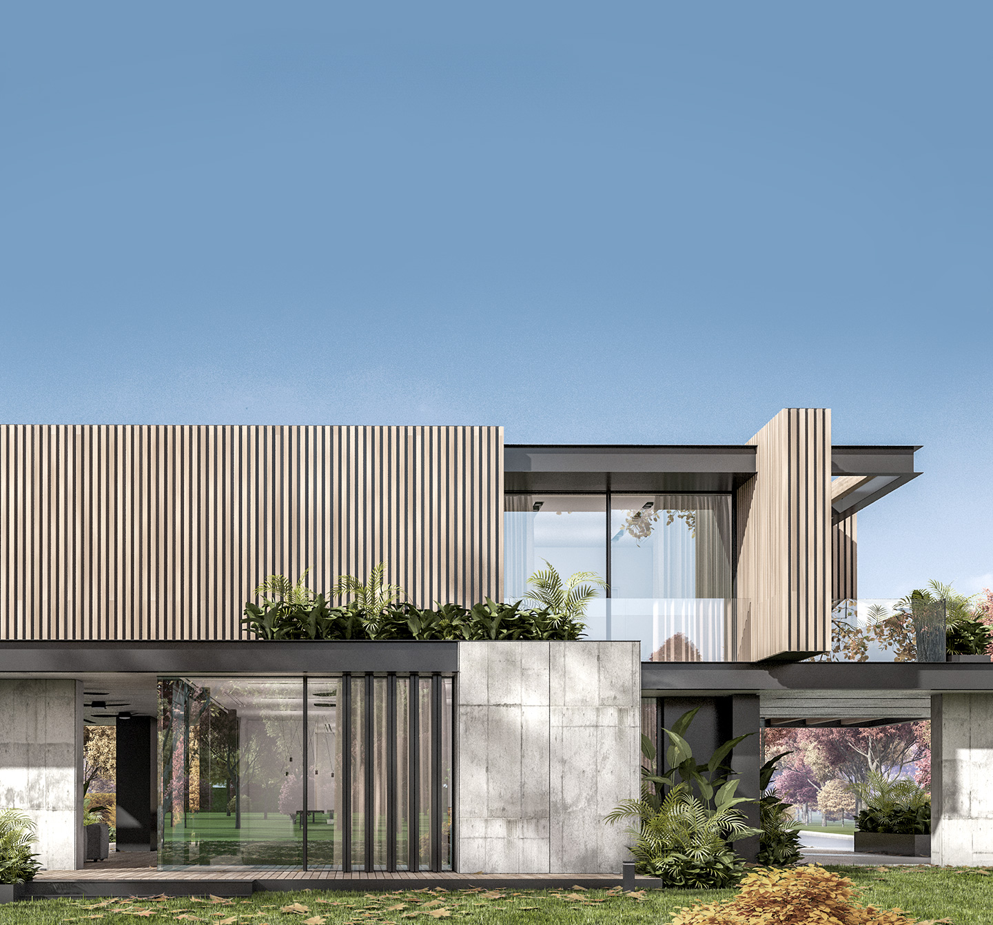 A modern home over a blue sky.