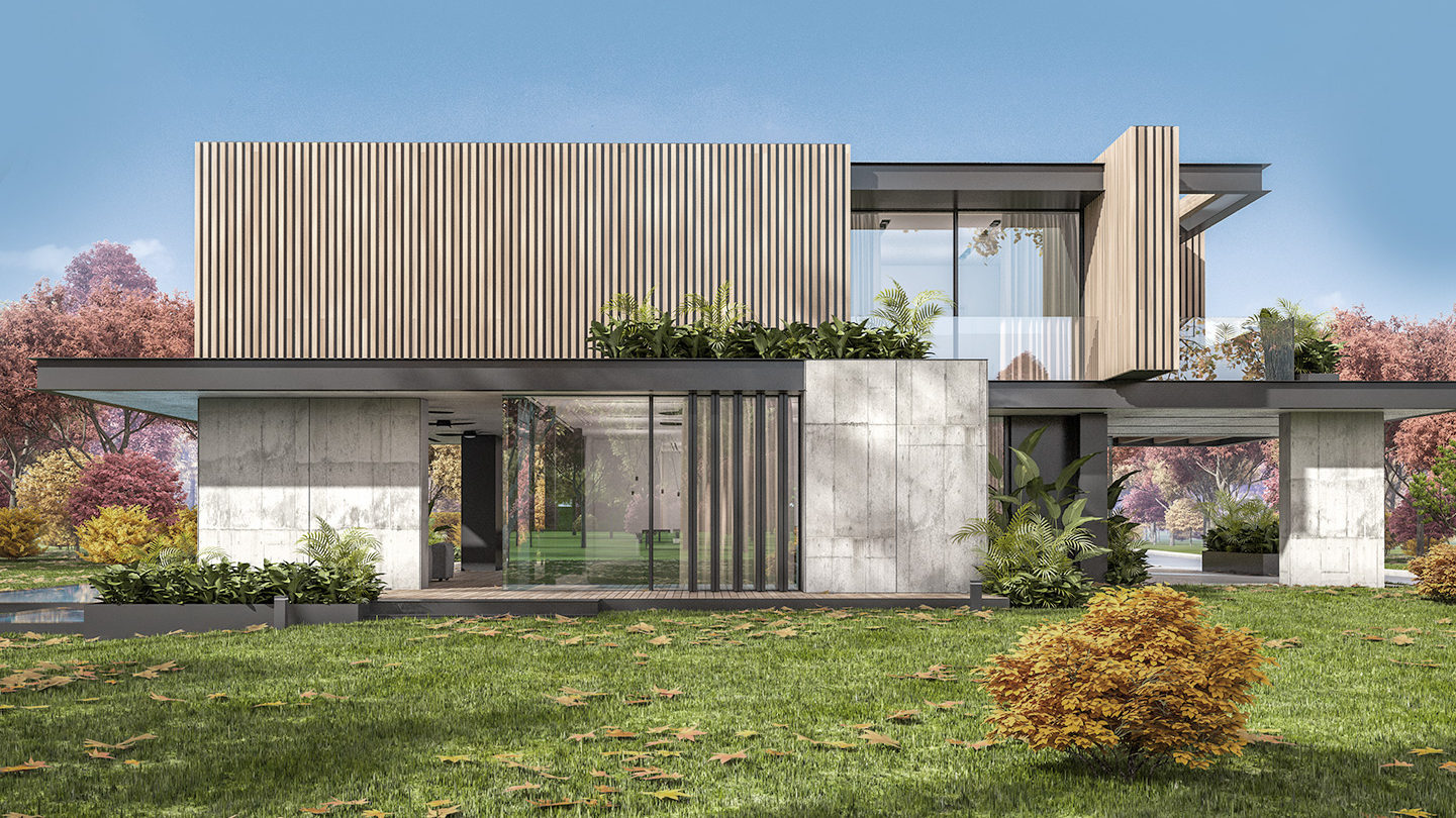 A modern two-story house with wood paneling and large glass windows. The design features a flat roof and a mix of concrete and greenery. The surrounding yard has lush grass and small bushes, with autumn-colored trees in the background.