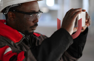 An architect at a construction site wearing a hard hat and safety glasses takes a photo with a smartphone. The person is dressed in a dark jacket with red accents.