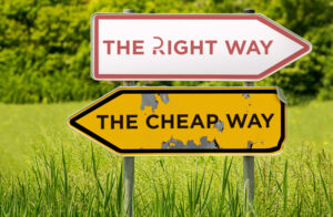 Two directional road signs in a grassy field. The top sign, well-maintained and white, points right and reads The Right Way, while the bottom sign, worn and yellow, points left and reads The Cheap Way.