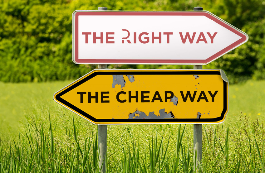 Two directional road signs in a grassy field. The top sign, well-maintained and white, points right and reads The Right Way, while the bottom sign, worn and yellow, points left and reads The Cheap Way.