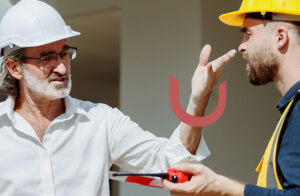 An architect in a white construction hat speaking with a constructor in a yellow construction hat.